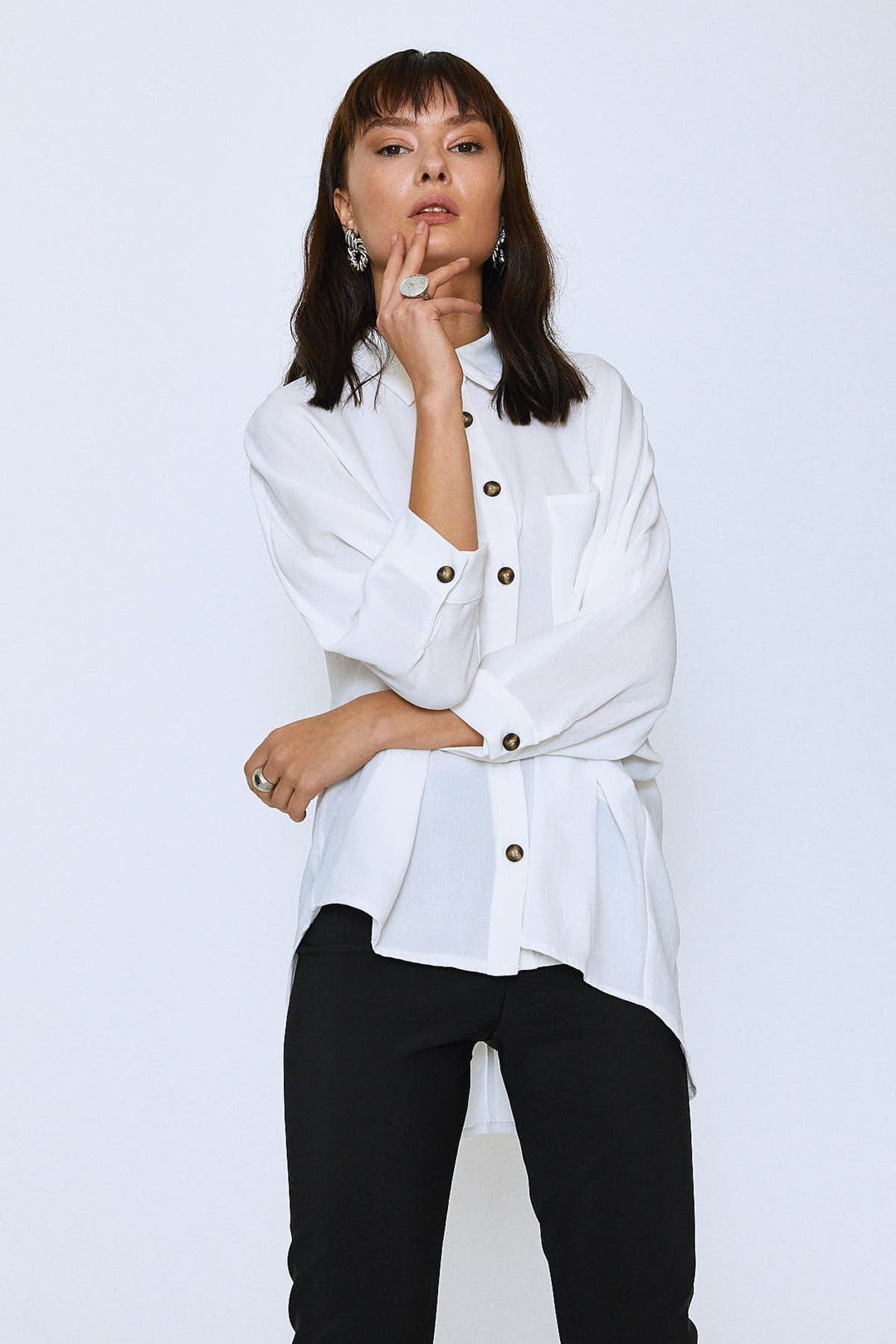 Uzun Oversize Cepli Gömlek Ekru