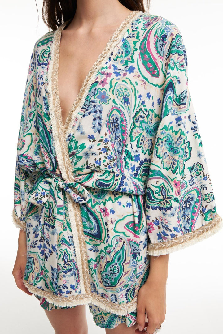 Tassel Detailed Patterned Kimono Green