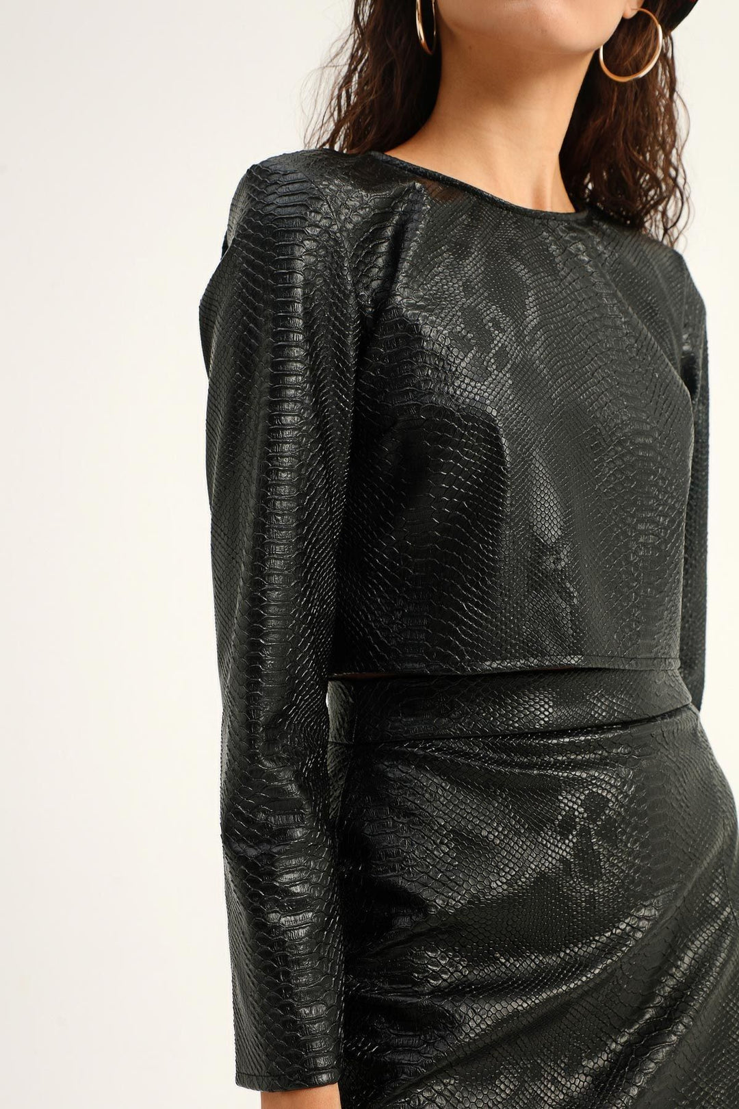 Padded Crop Leather Blouse Black