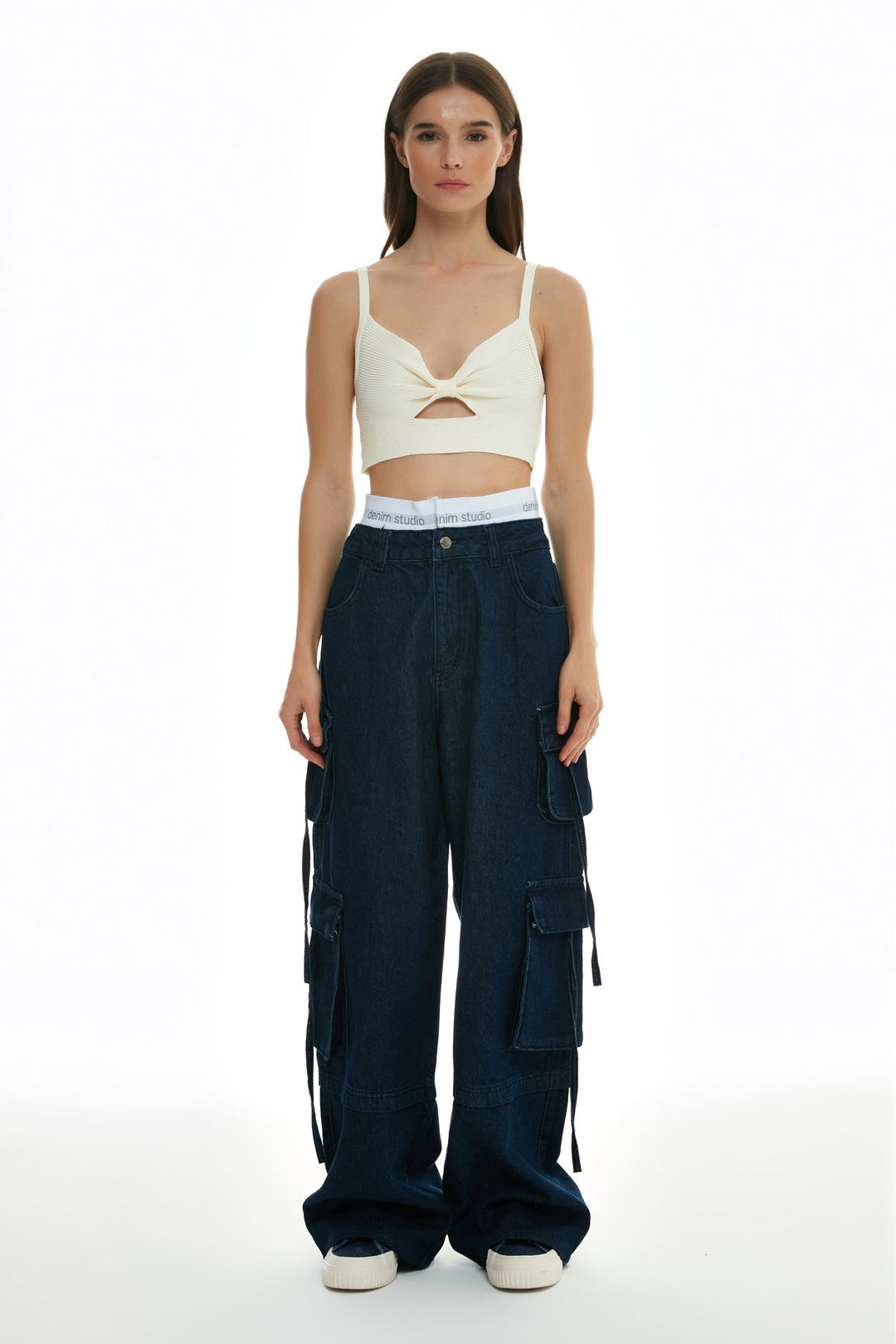 Elastic Detailed Cargo Jeans Blue