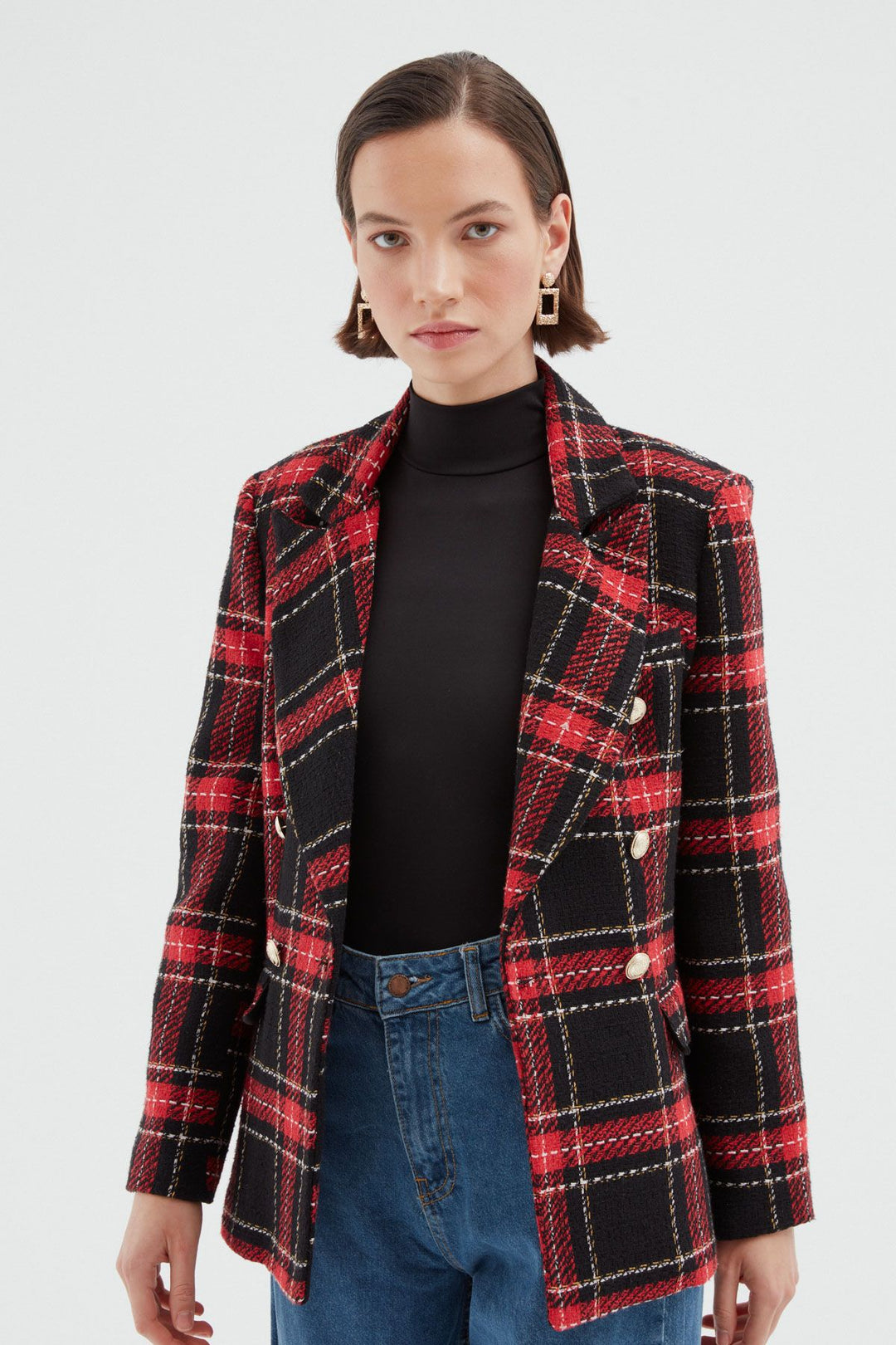 Ekose Kruvaze Blazer Ceket Kırmızı