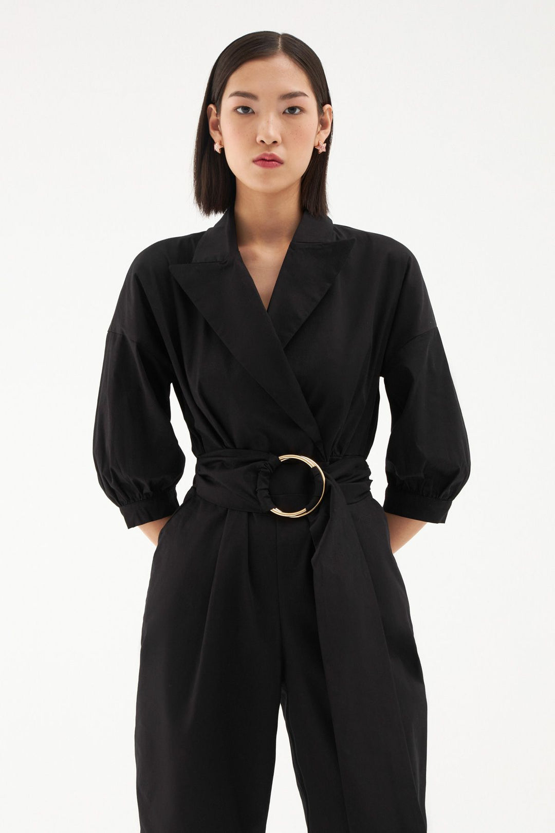 Belted Waist Balloon Sleeve Jumpsuit Black