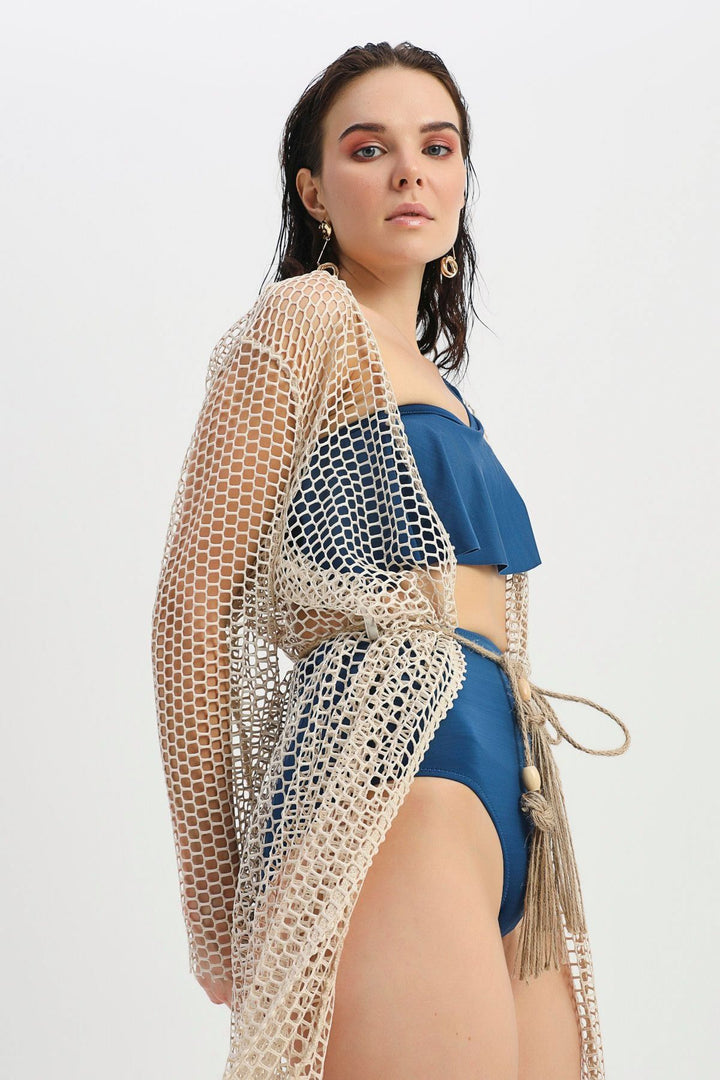 Tie Detailed Mesh Pareo Beige