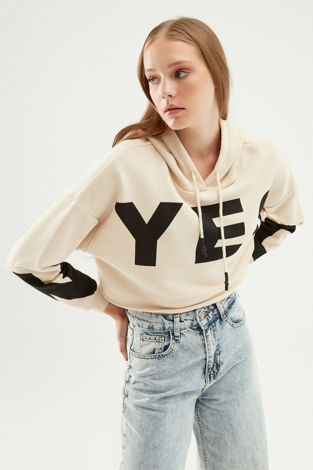 Baskılı Crop Sweatshirt Bej