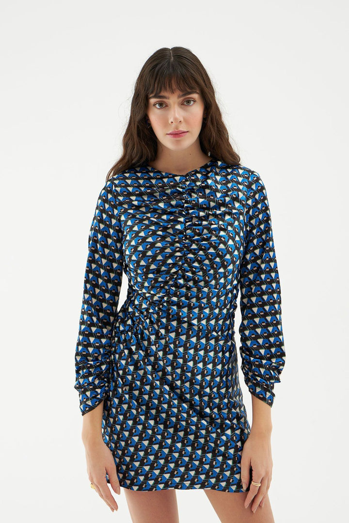 Waistband Pleated Mini Dress Blue