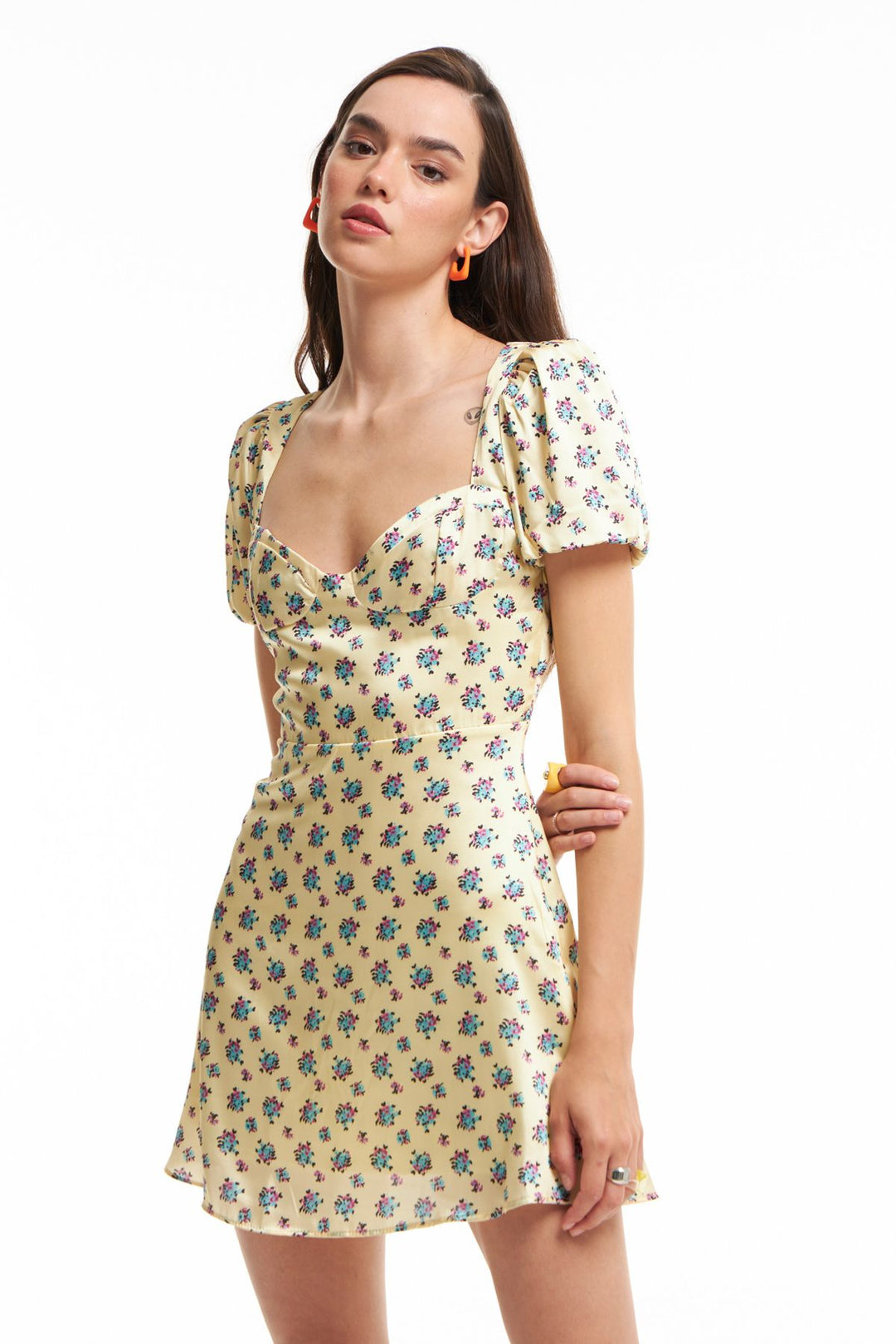 Chest Detailed Patterned Dress Yellow