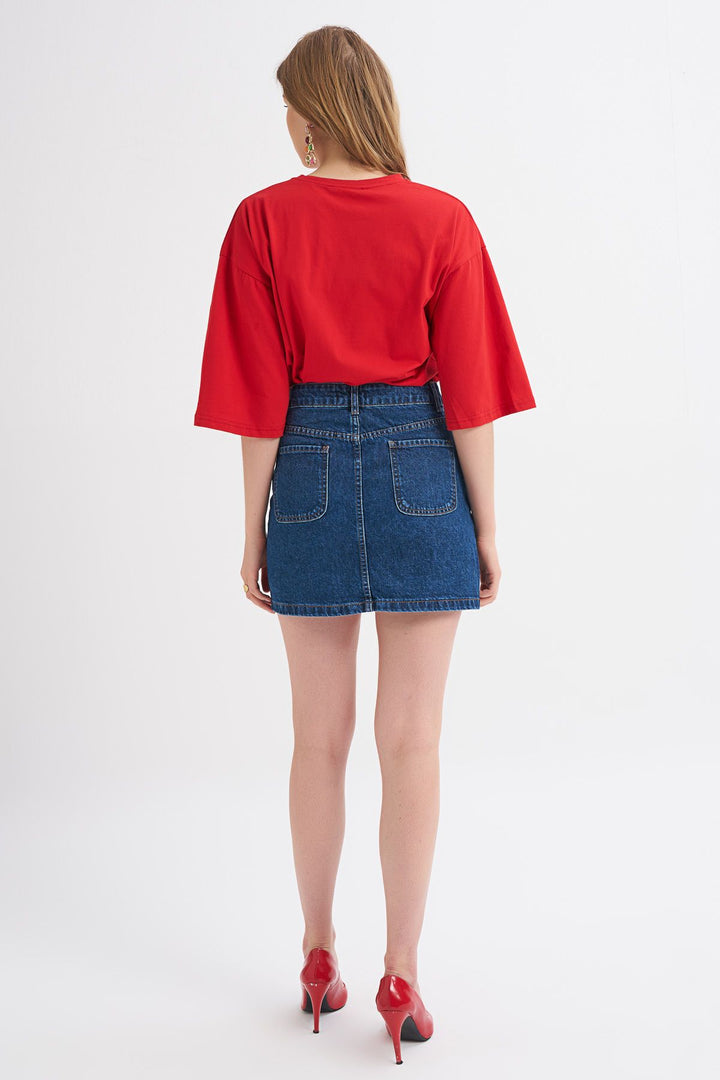 Önü Fermuarlı Kot Etek Koyu Mavi