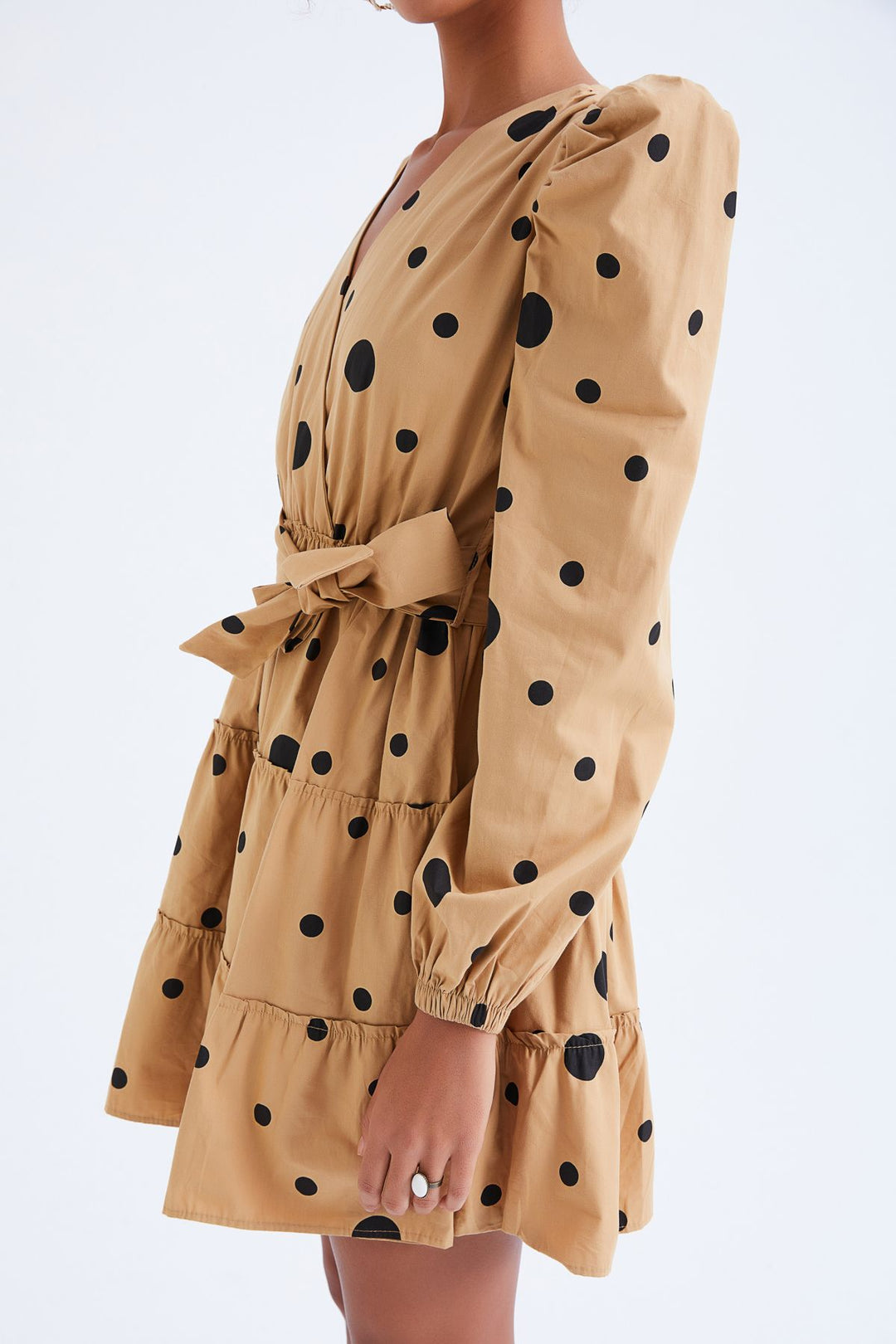 Belted Polka Dot Dress Camel