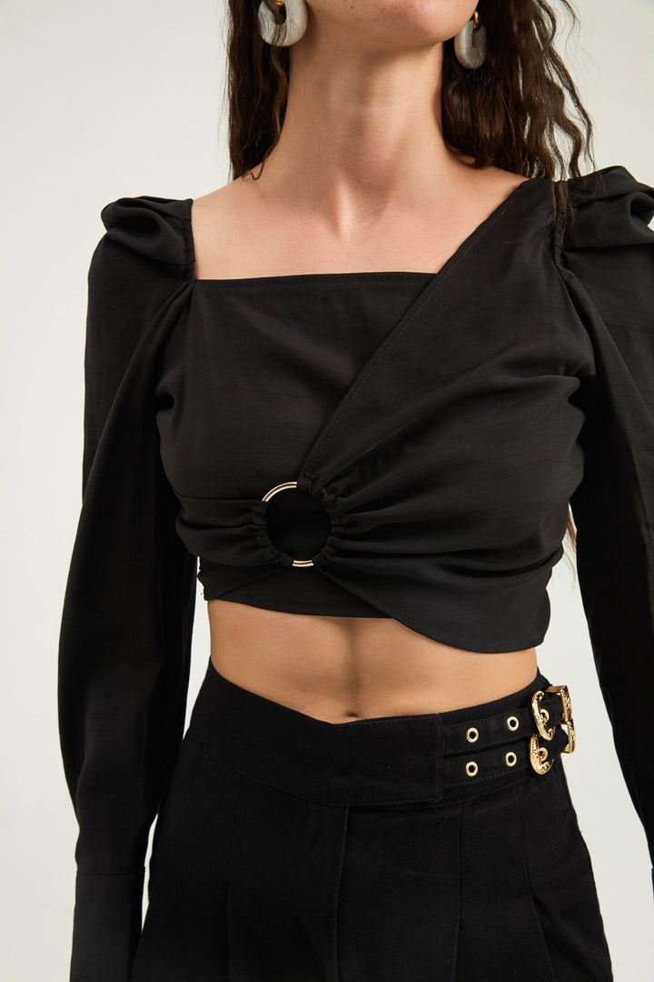 Buckle Detailed Balloon Sleeve Blouse Black