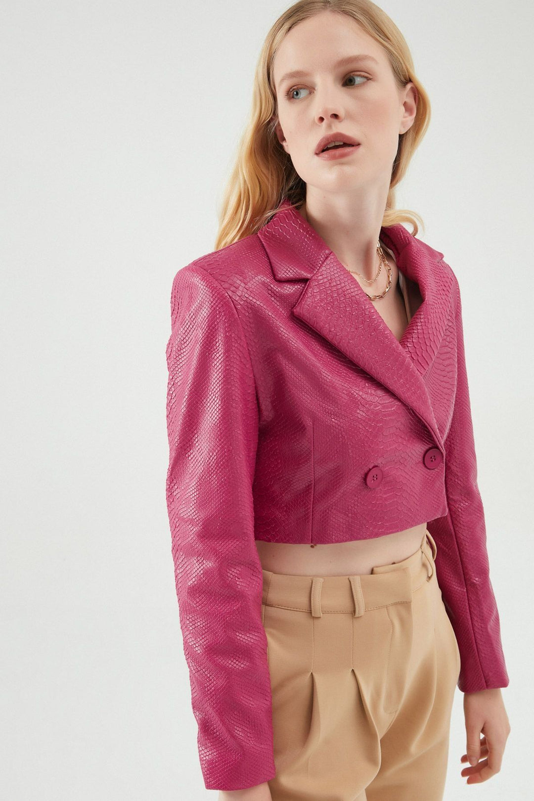Leather Crop Blazer Jacket Orchid