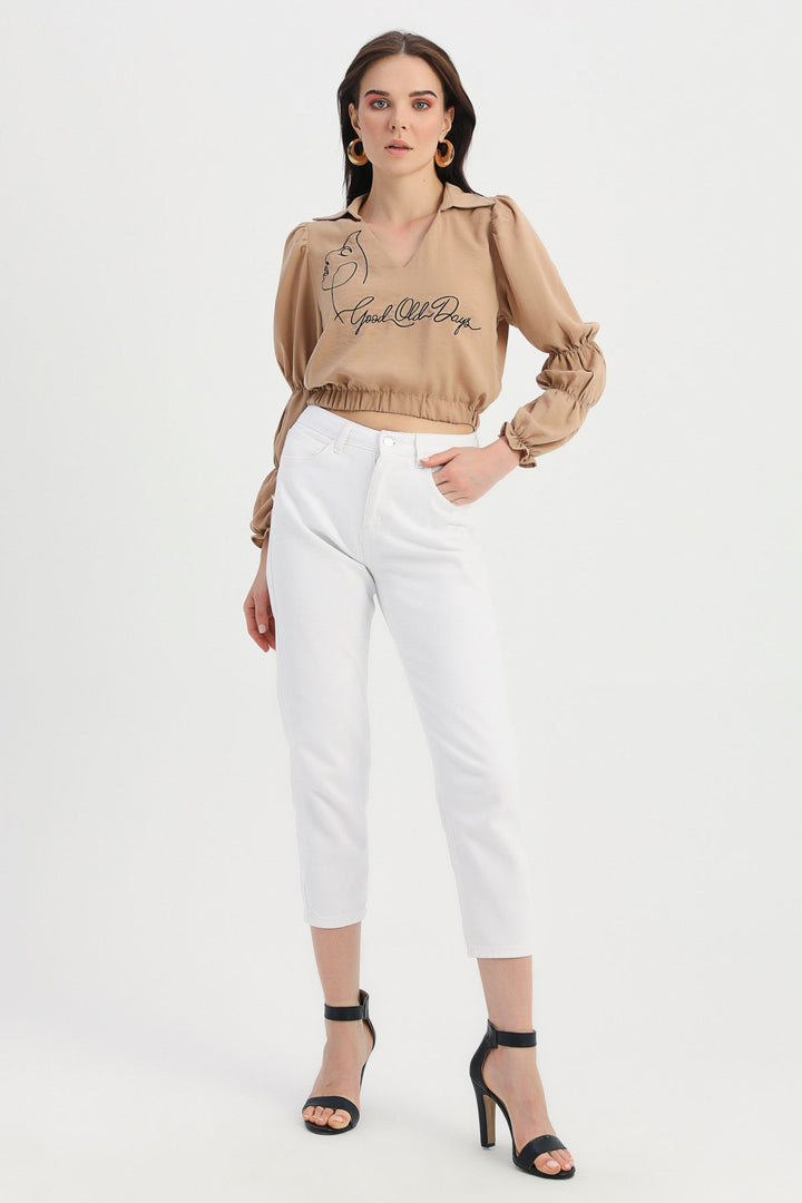 Embroidered V Neck Blouse Camel