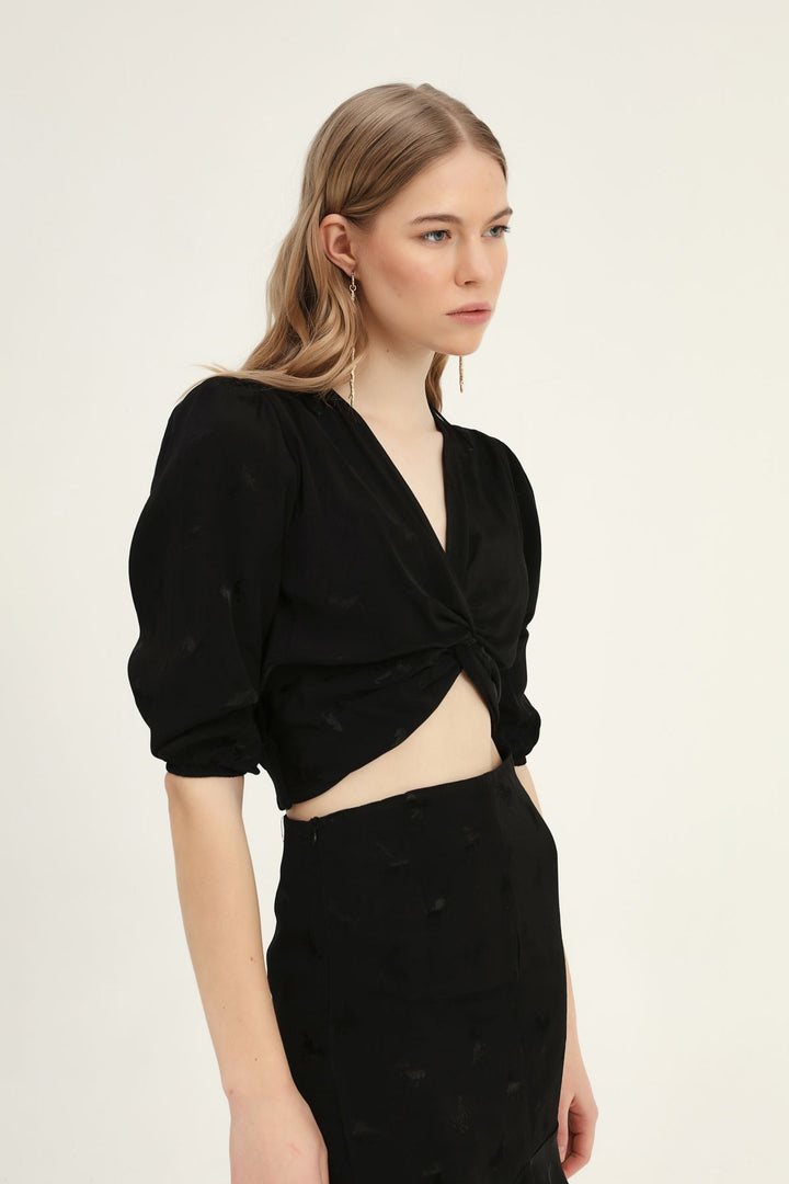 Desenli V Yaka Vatkalı  Bluz Siyah