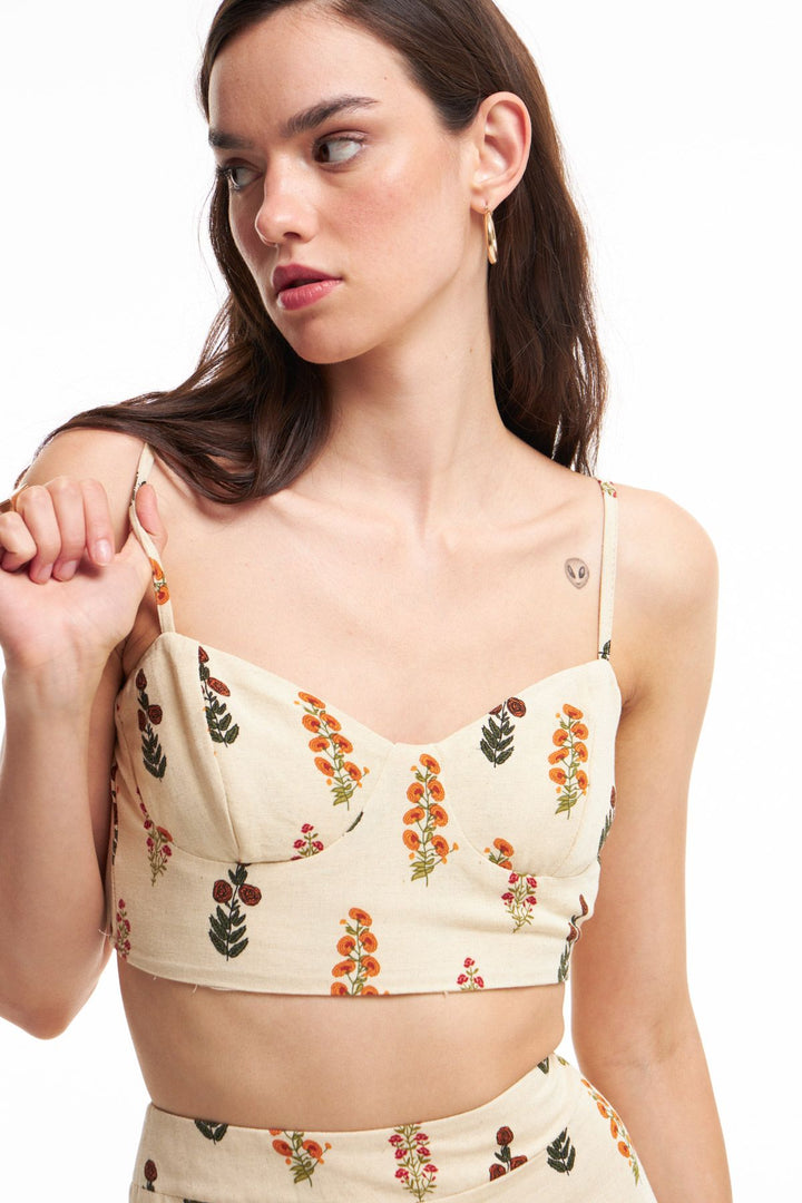 Patterned Linen Bustier Natural