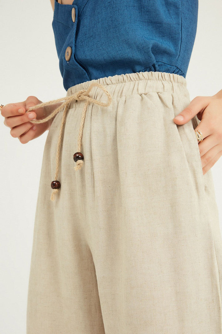 File Detaylı Keten Pantolon Naturel