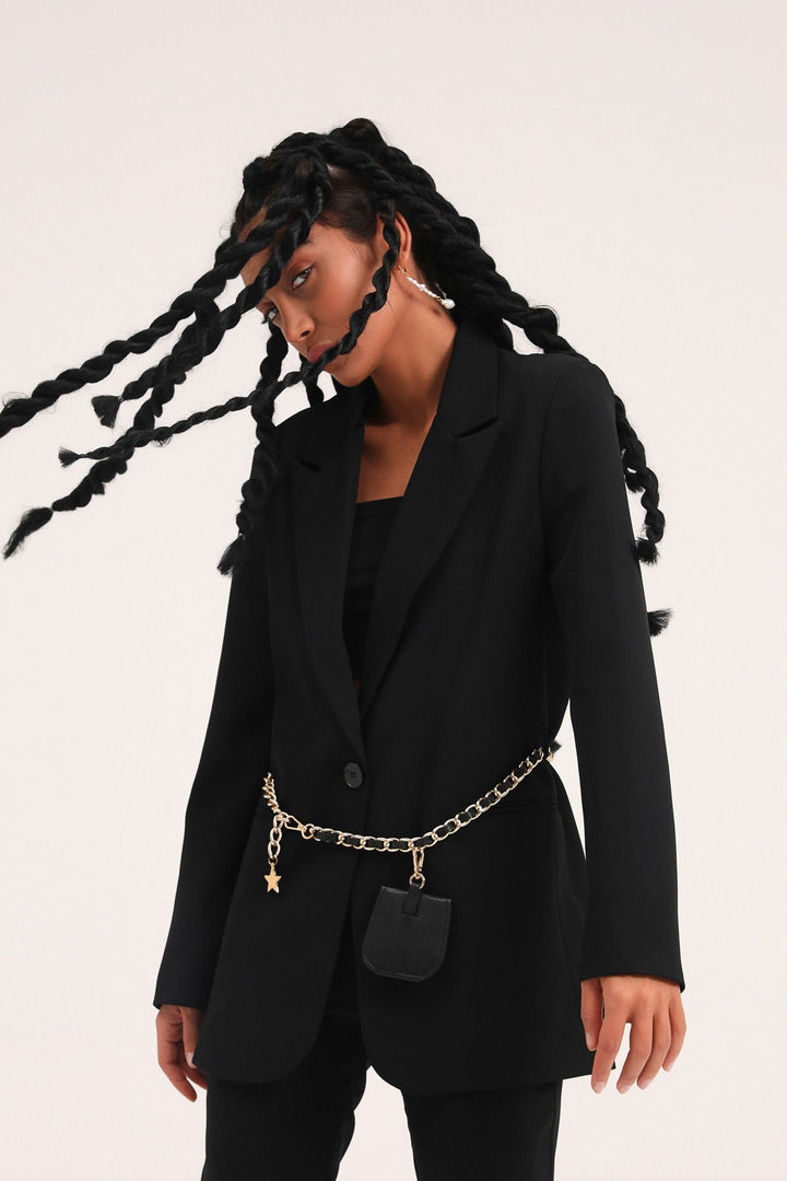 Chain Belt Bag Blazer Jacket Black
