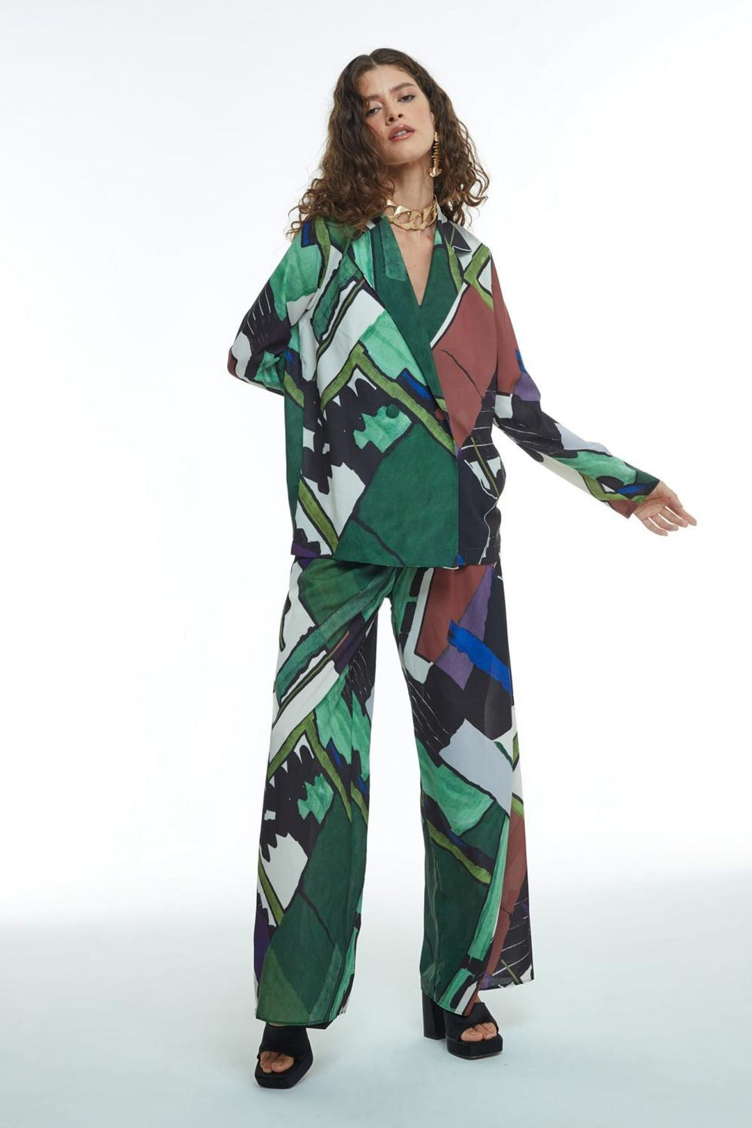 Wide Leg Patterned Trousers Black