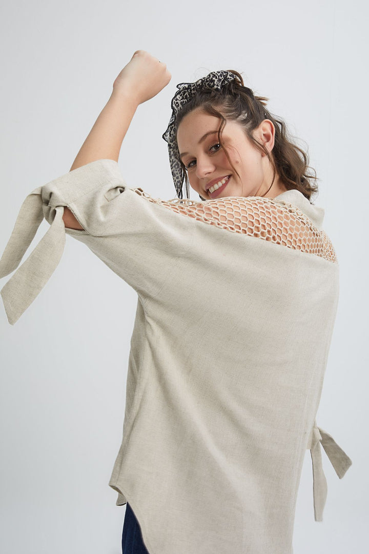 Linen Shirt with Mesh Sleeves Beige