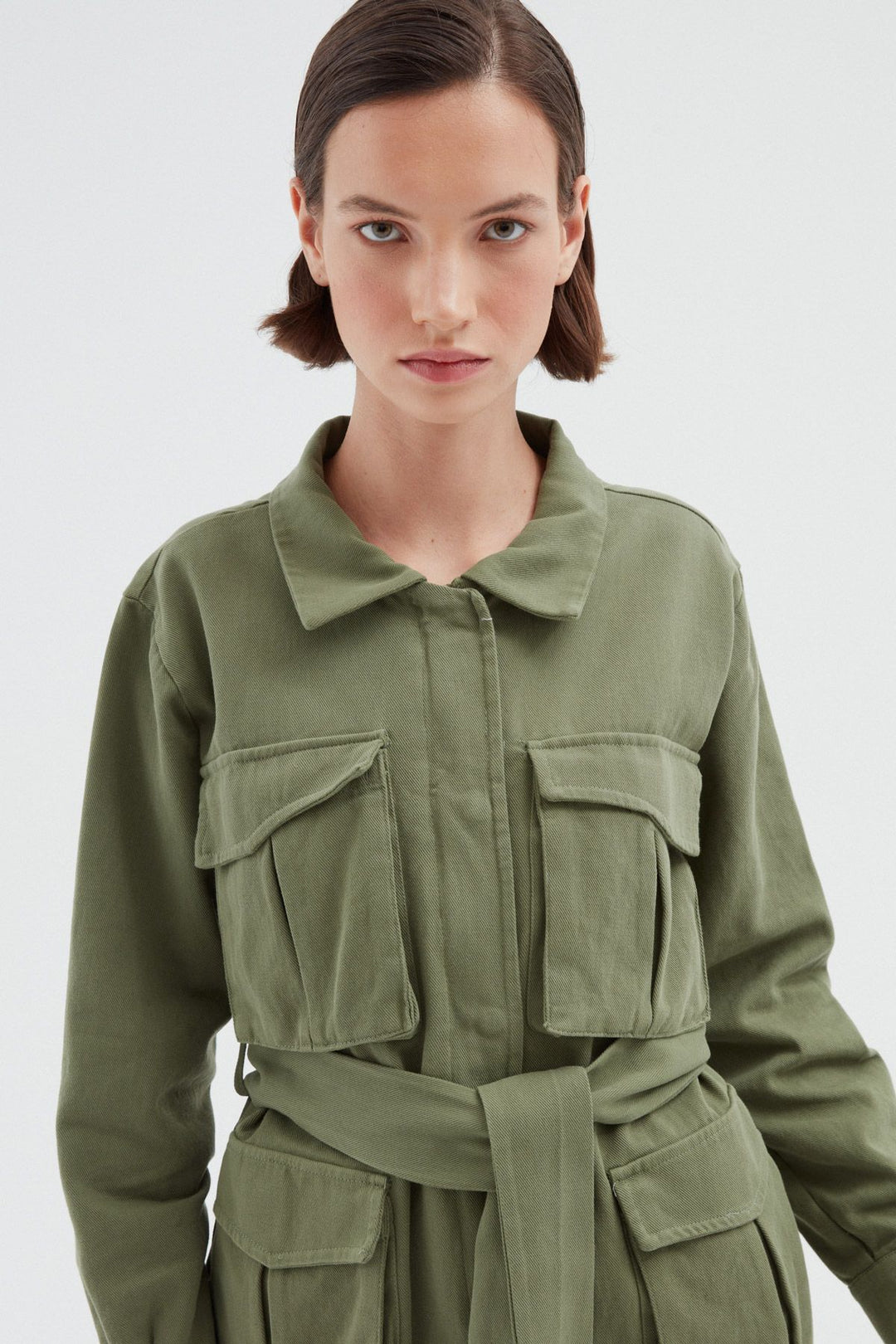 Belted Pocket Long Jacket Khaki