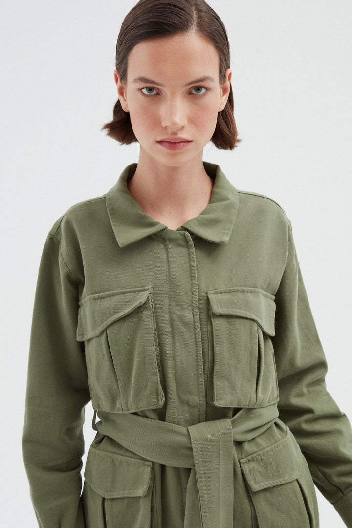 Belted Pocket Long Jacket Khaki