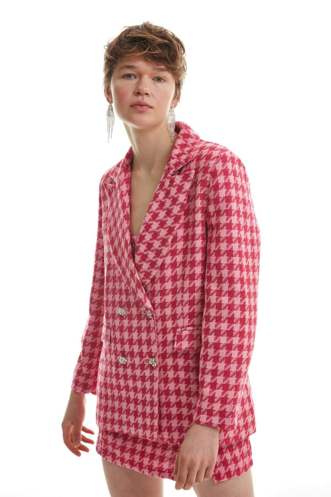 Renkli Tüvit Blazer Ceket Fuşya