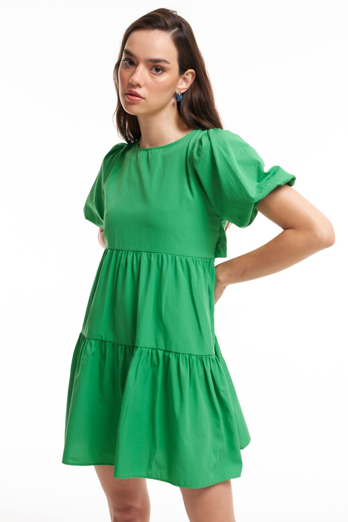 Sırt Dekolteli Balon Kol Elbise Yeşil