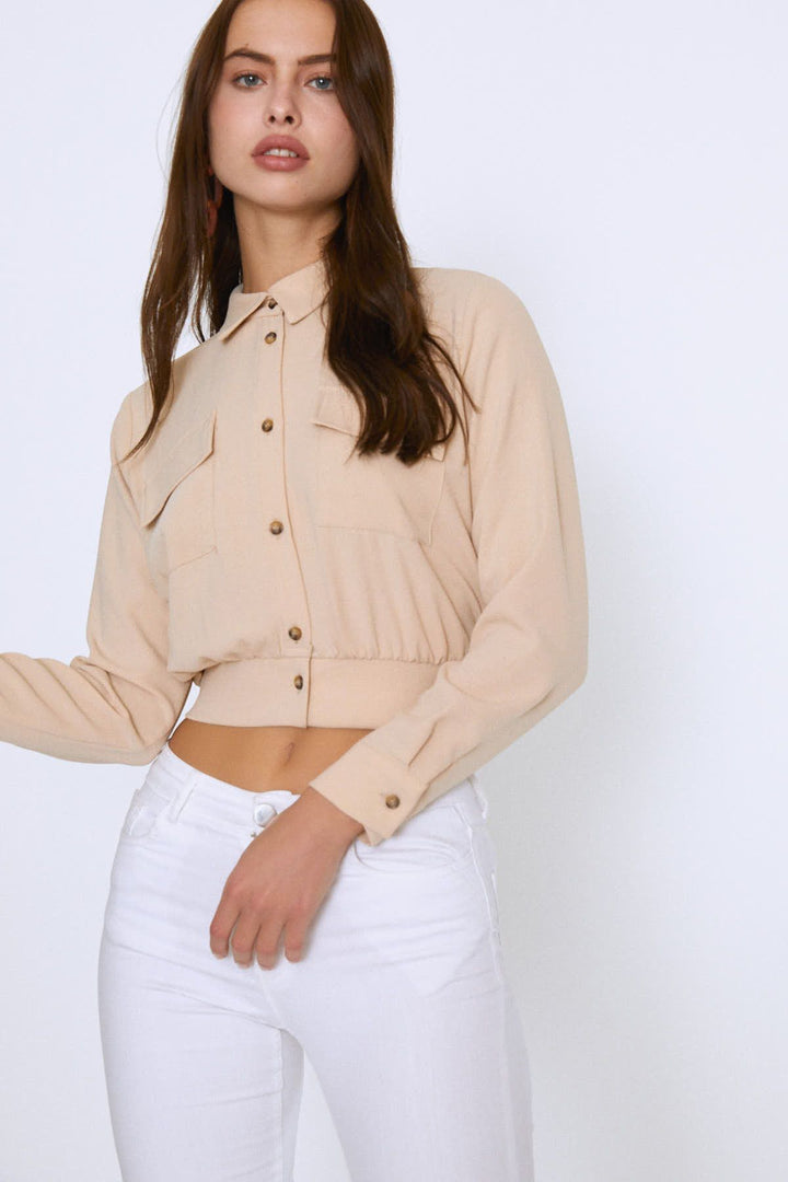 Beli Kuşakli Cepli Gömlek Taş