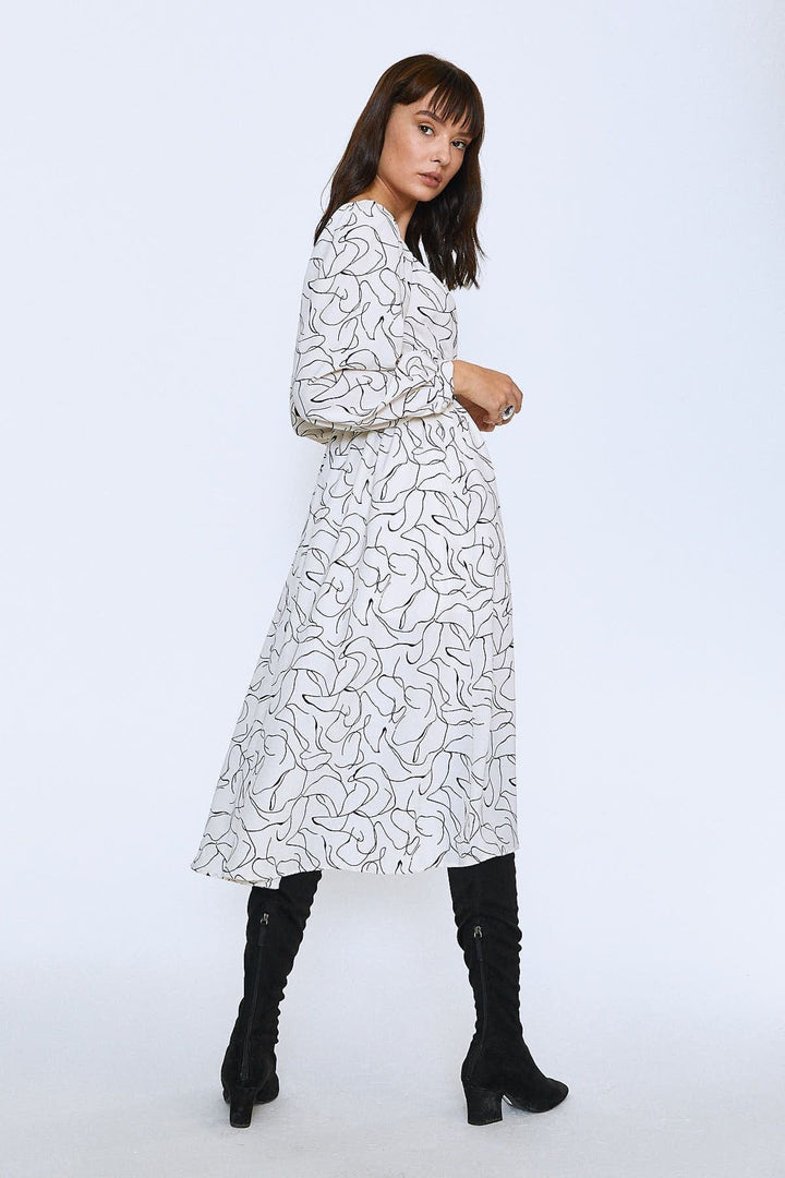 Patterned Belt Detailed Midi Dress Ecru
