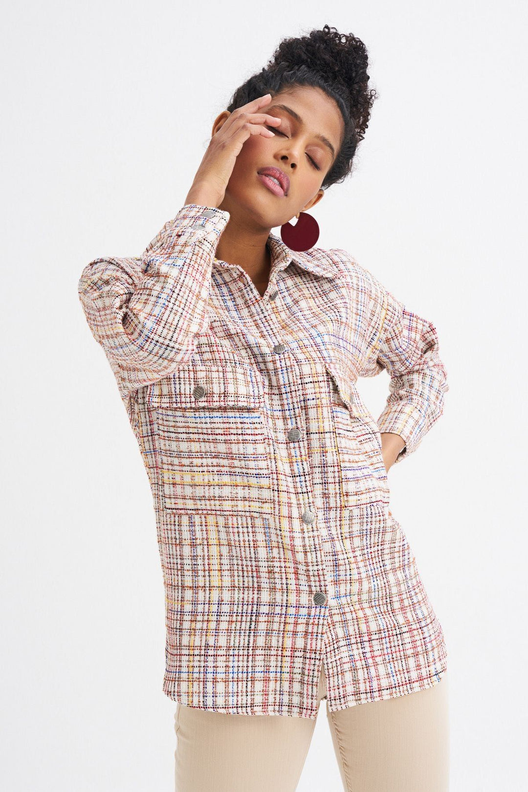 Tweed Pocketed Plaid Shirt Red