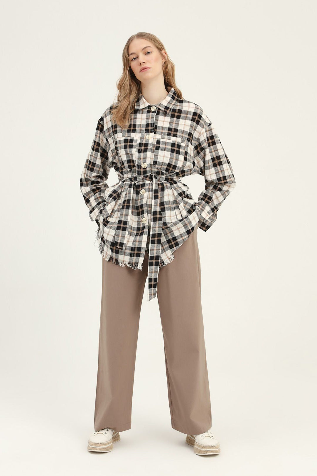 Çizgili Beli Kuşaklı Uzun Gömlek Camel