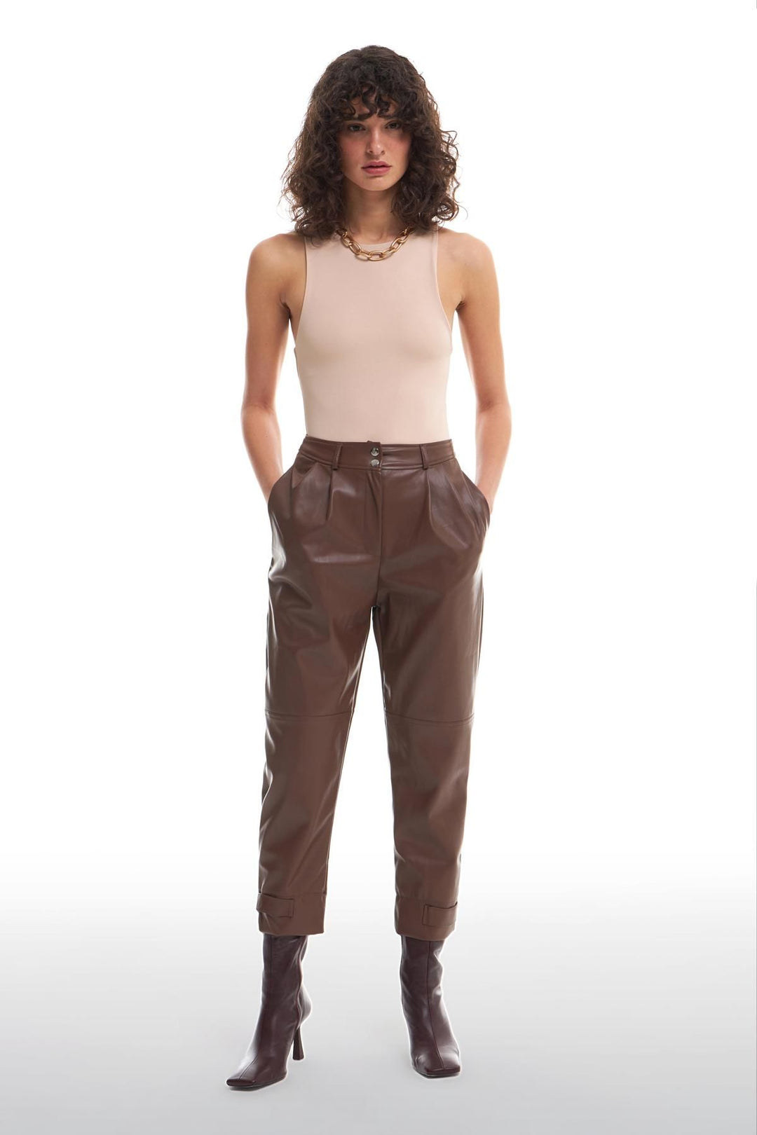 Leather Jogger Brown with Snap Legs