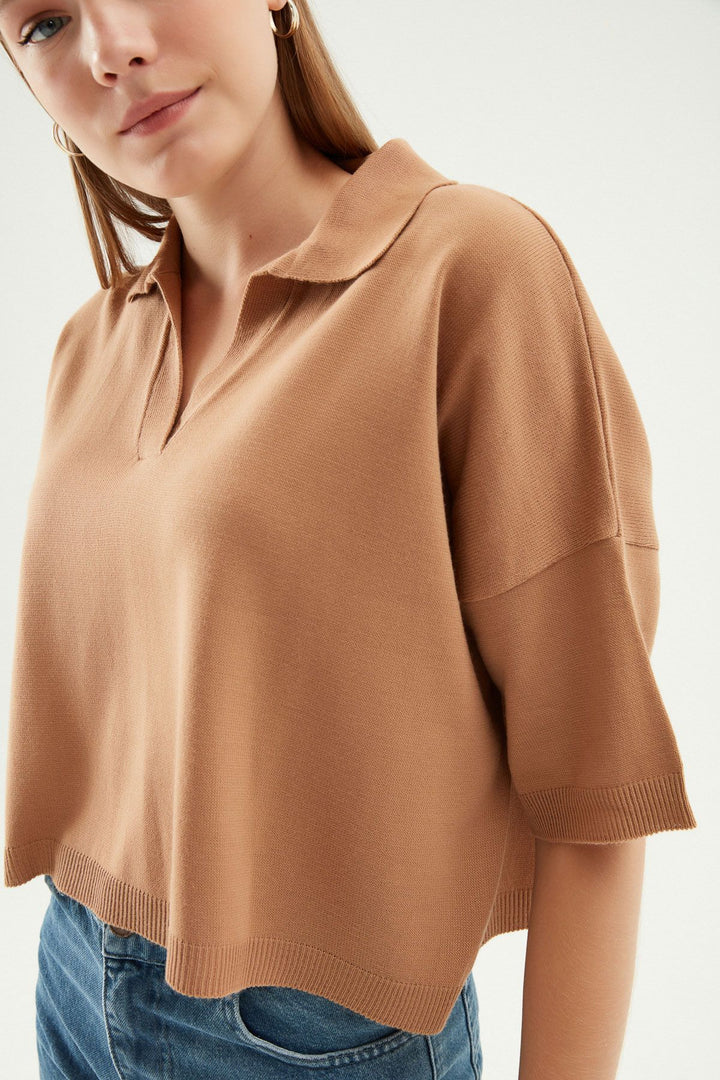 Oversize Polo Yaka Triko Camel
