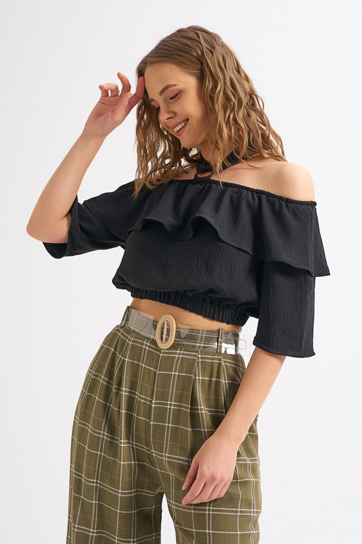 Halter Neck Detailed Flounce Blouse Black