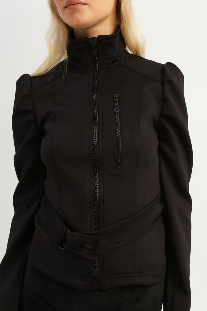 Belted Zipper Jacket Black