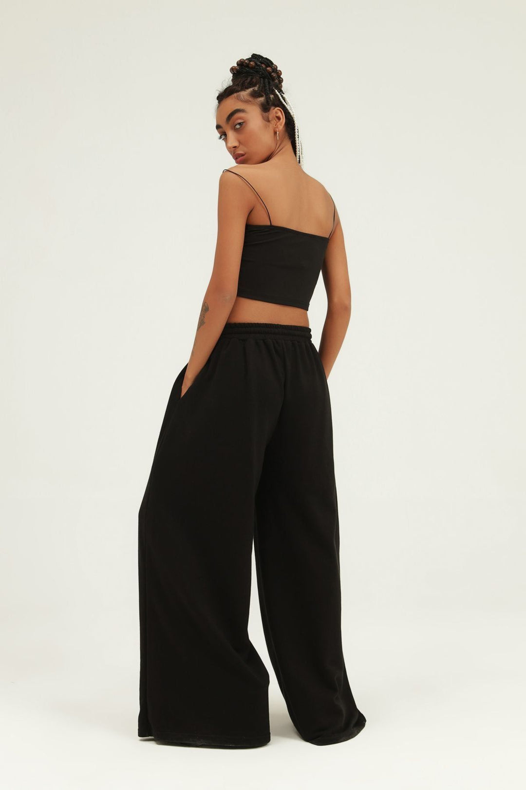 Elastic Waist Wide Leg Tracksuit Black