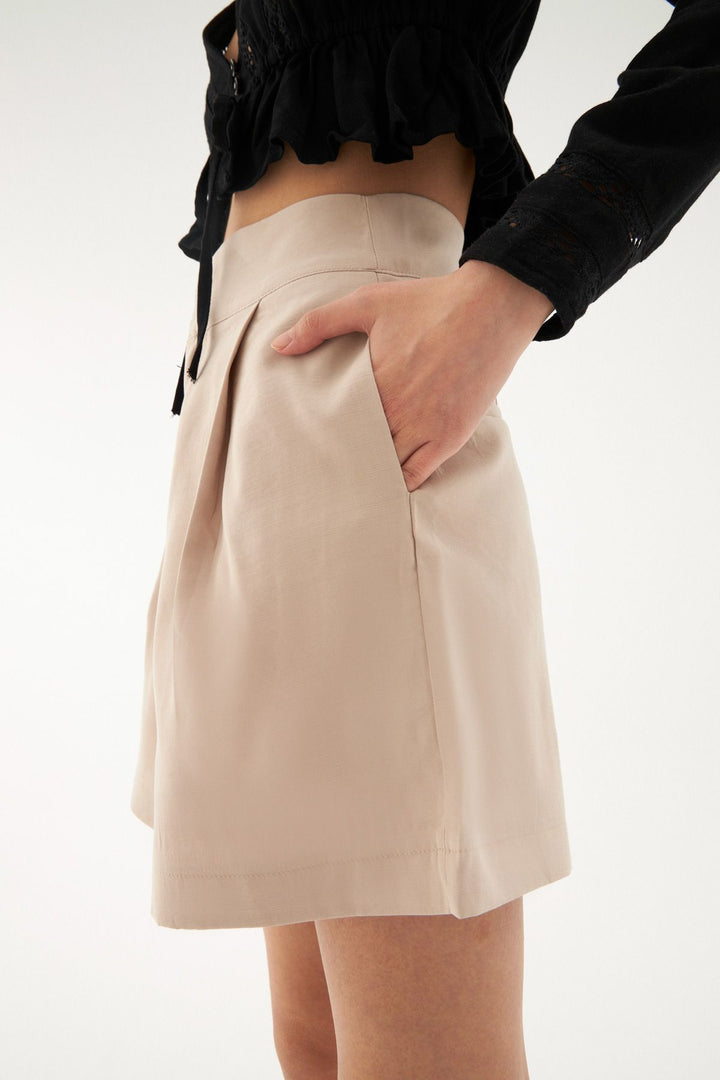 High Waist Pleat Detailed Shorts Stone