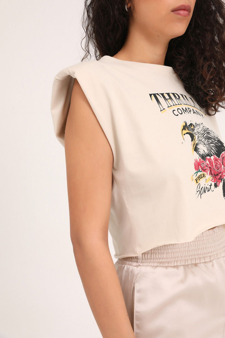Printed Padded Crop T-Shirt Beige