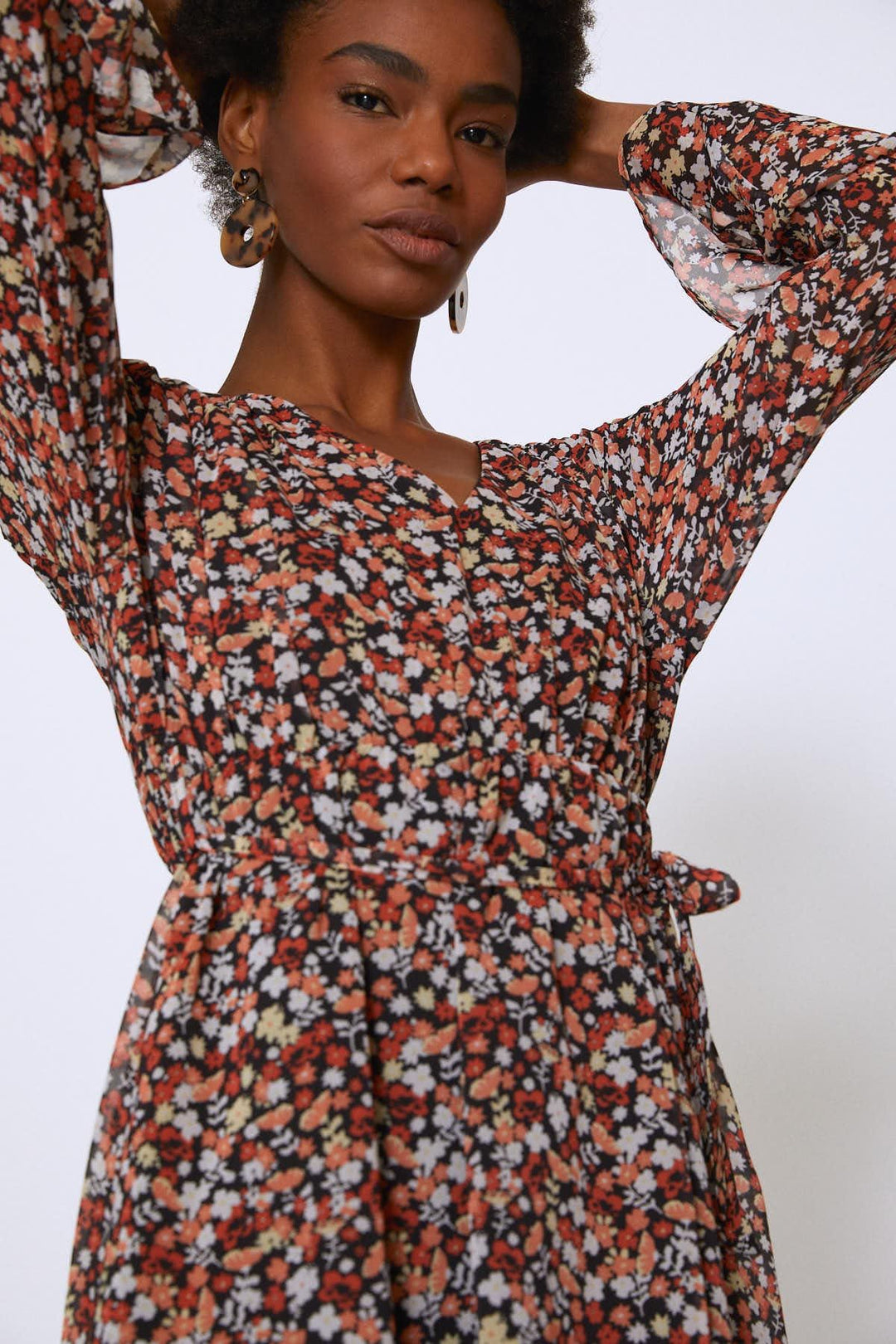 Crispy Flower Waist Belted Dress Orange