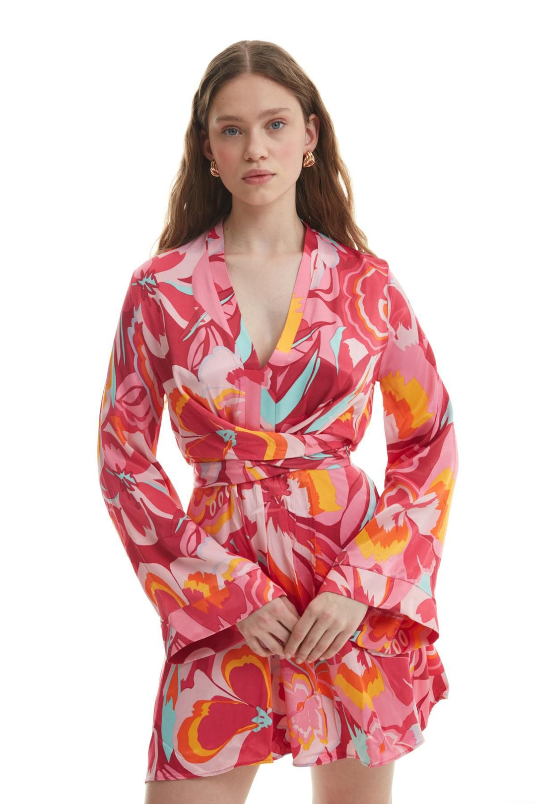 Colorful Patterned Satin Dress Fuchsia