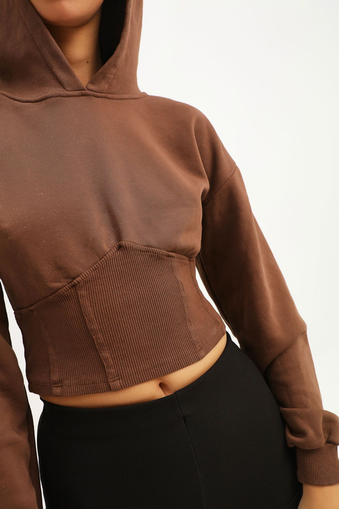 Kapüşonlu Crop Sweatshirt Koyu Kahve