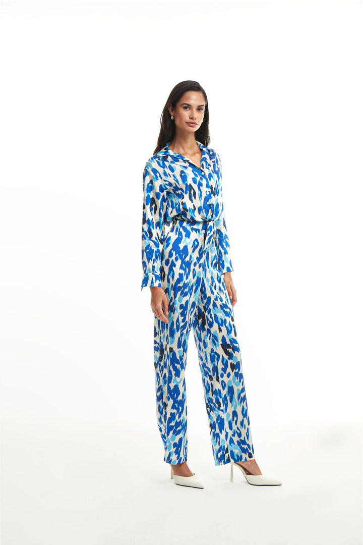 Patterned Satin Wide Leg Trousers Sax