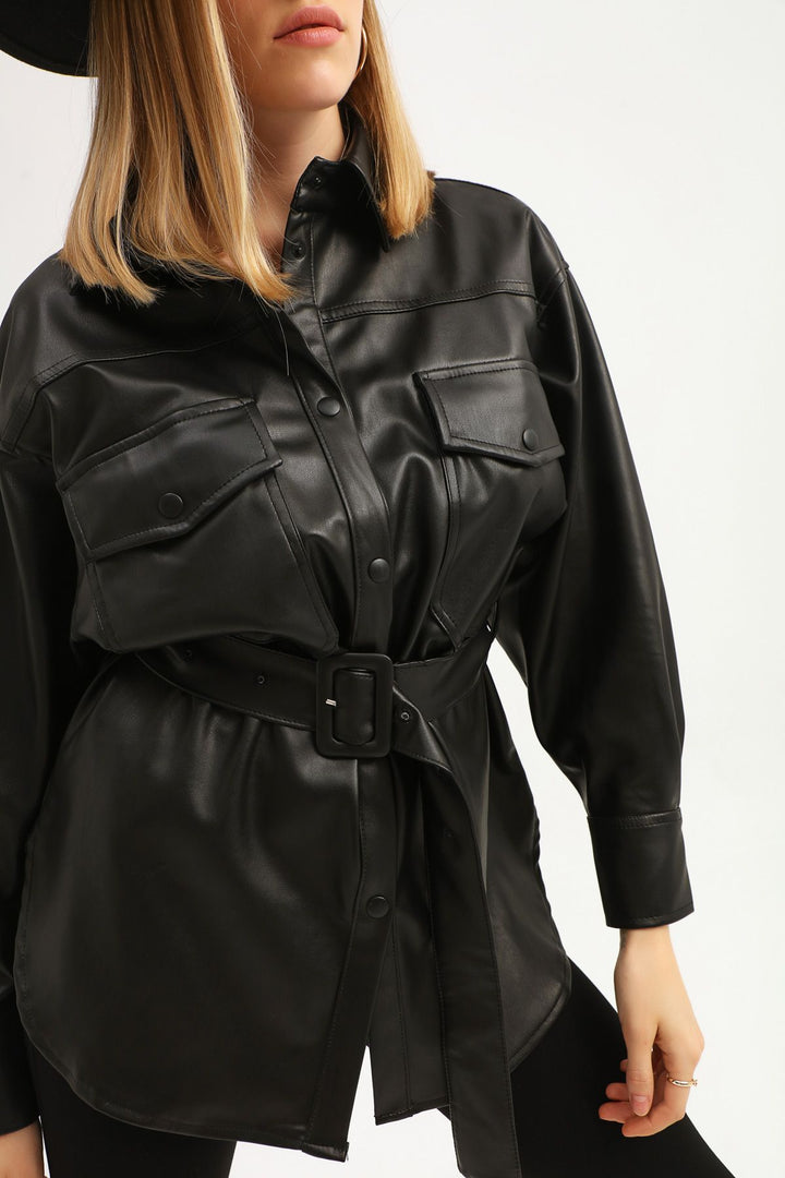 Kemerli Cepli Deri Gömlek Siyah