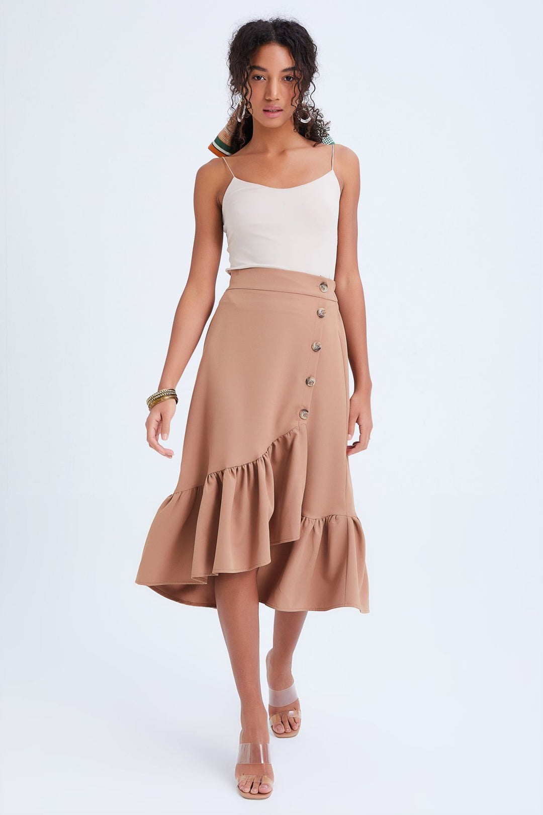 Button Detailed Frilly Skirt Camel
