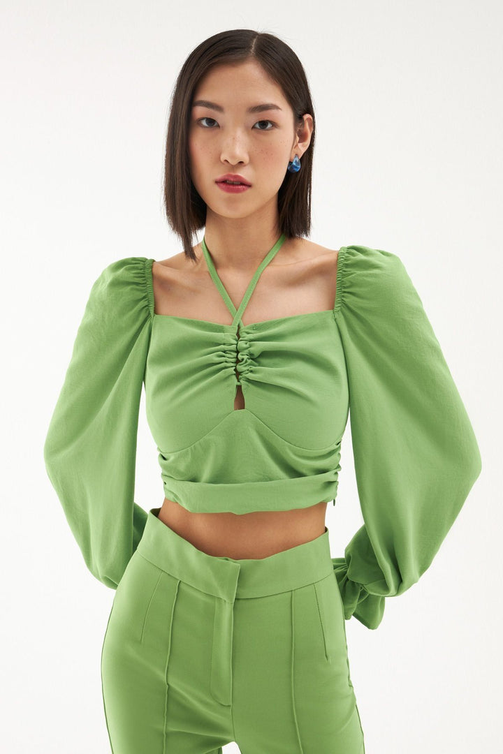 Tie Detailed Balloon Sleeve Blouse Green