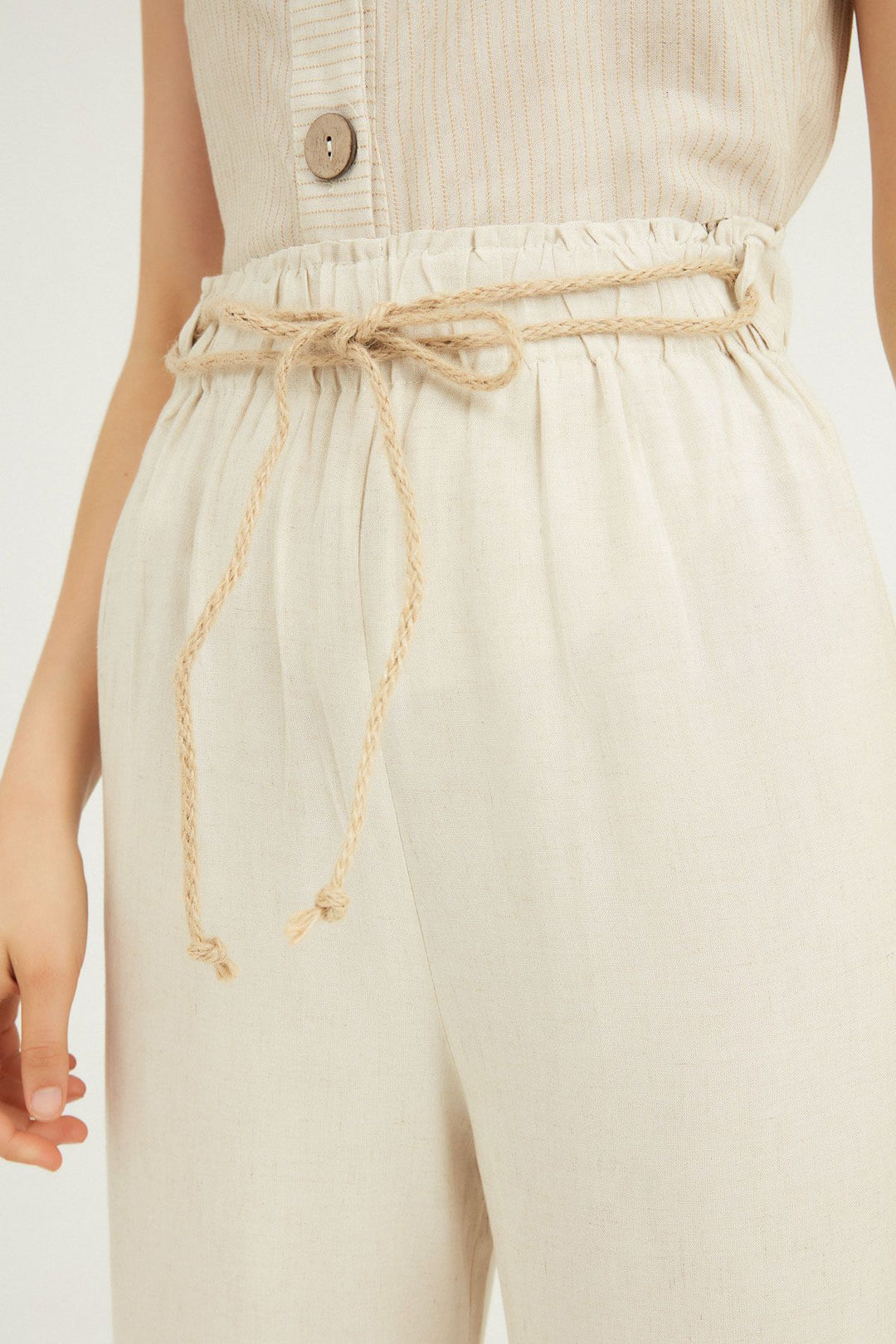 Hasır İp Kemerli Keten Pantolon Naturel