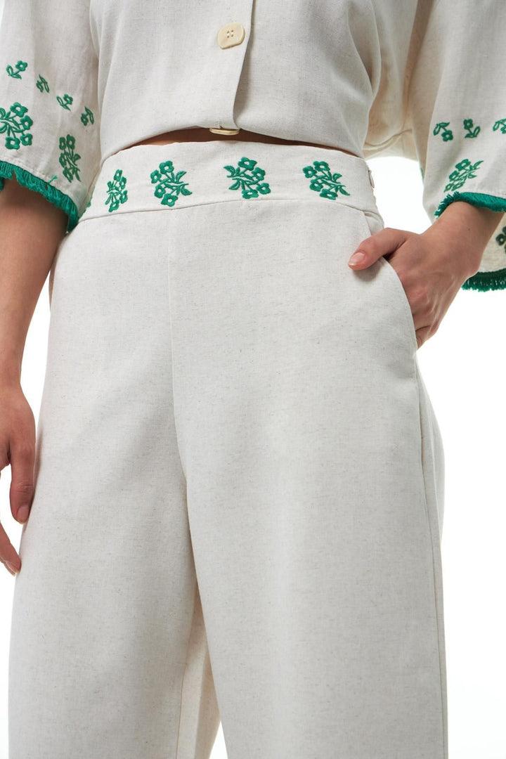 Nakış Detaylı Keten Pantolon Naturel