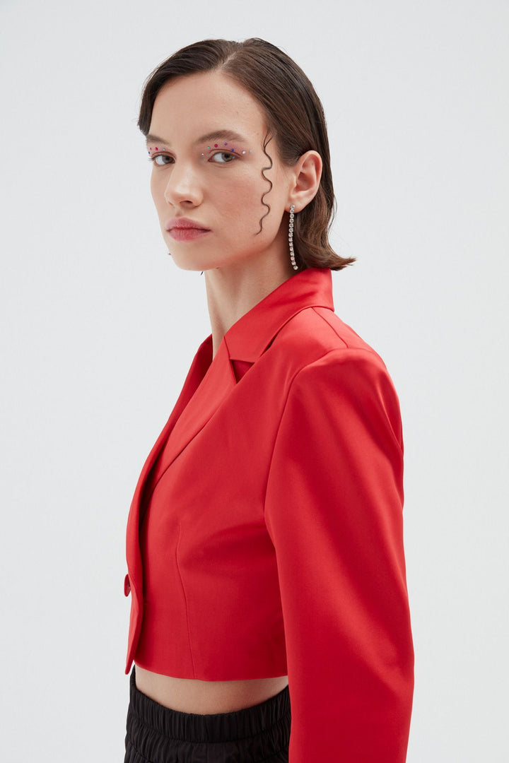 Crop Saten Blazer Ceket Kırmızı
