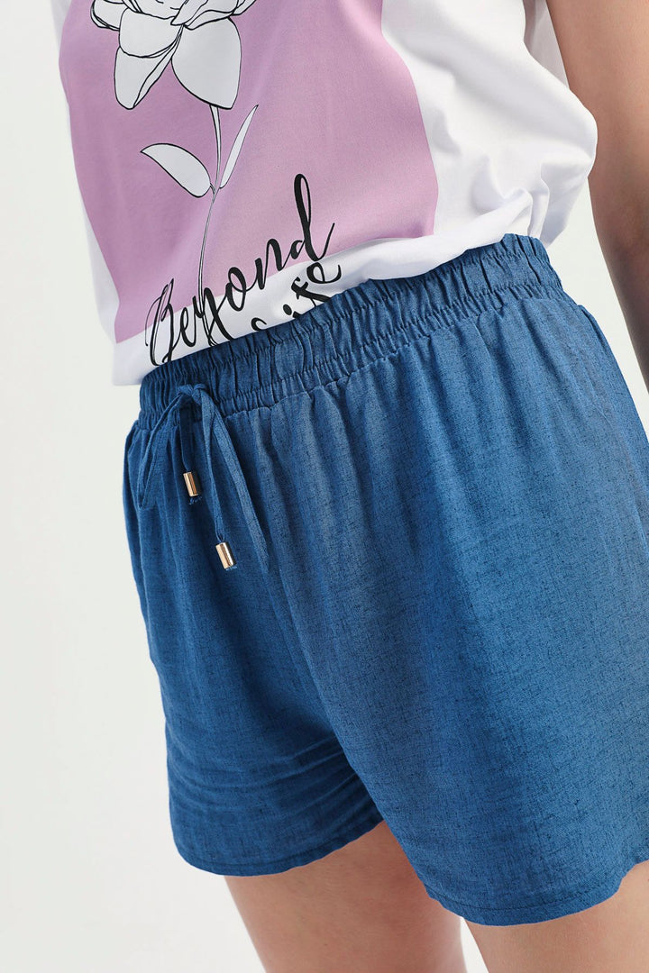 Elastic Waist Linen Shorts Indigo