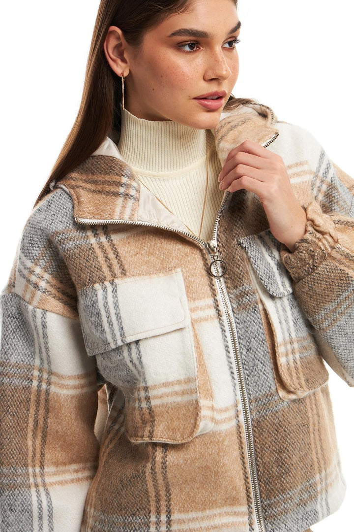 Checkered Hooded Coat Brown