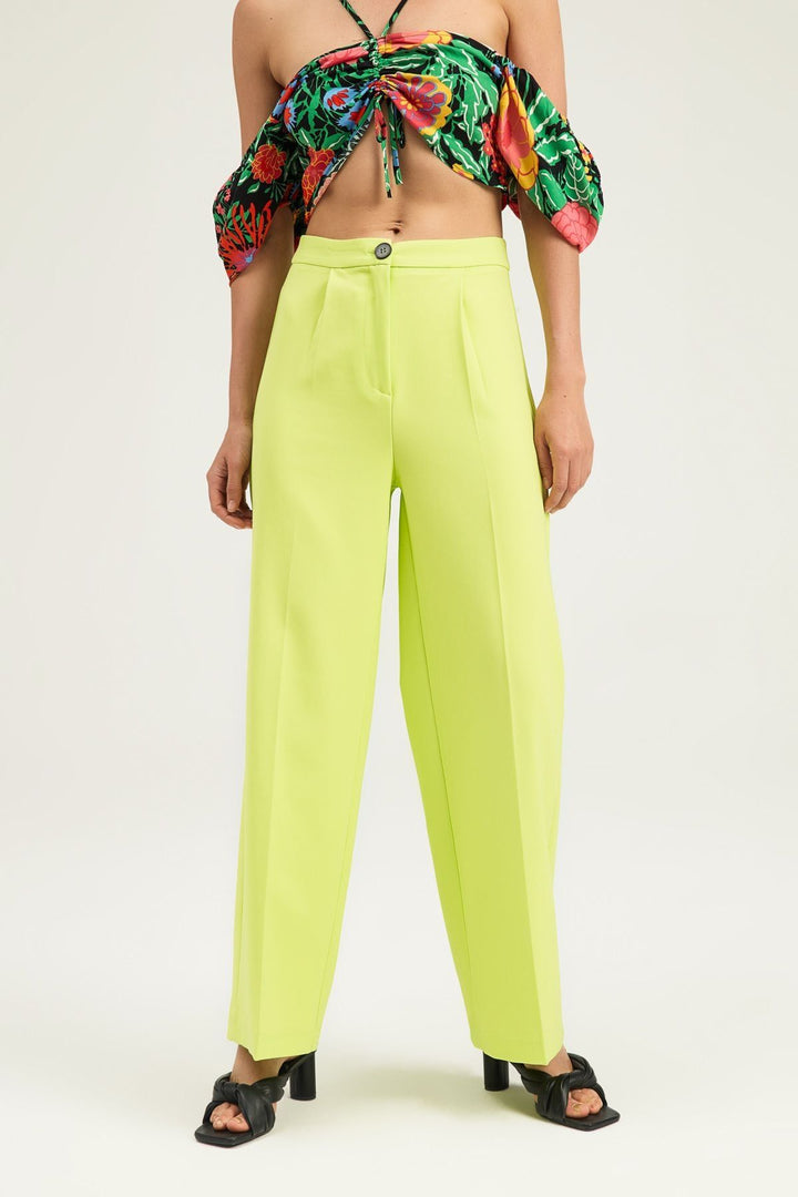 Pile Detaylı Palazzo Pantolon Açık Yeşil