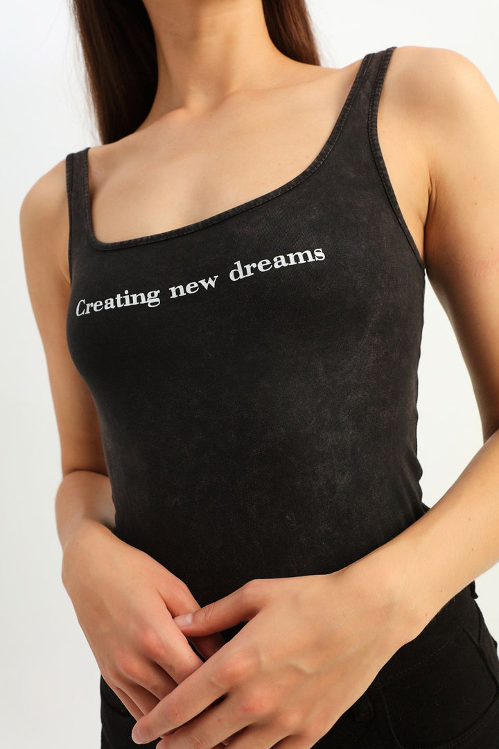 Yazı Baskılı Asklı Bodysuit Antrasit